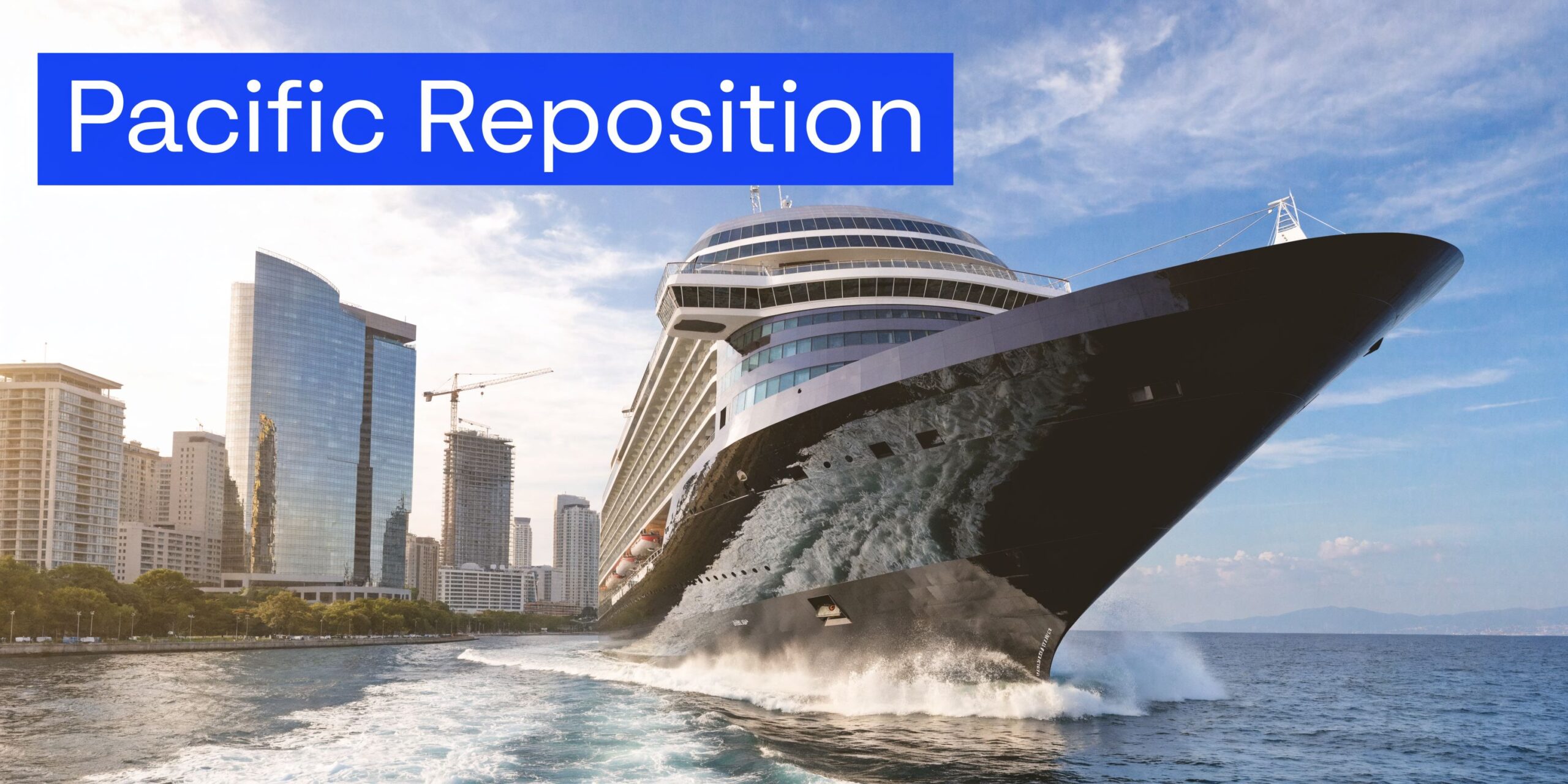 A large cruise ship sailing past a modern city skyline and waterfront during a sunny day.
