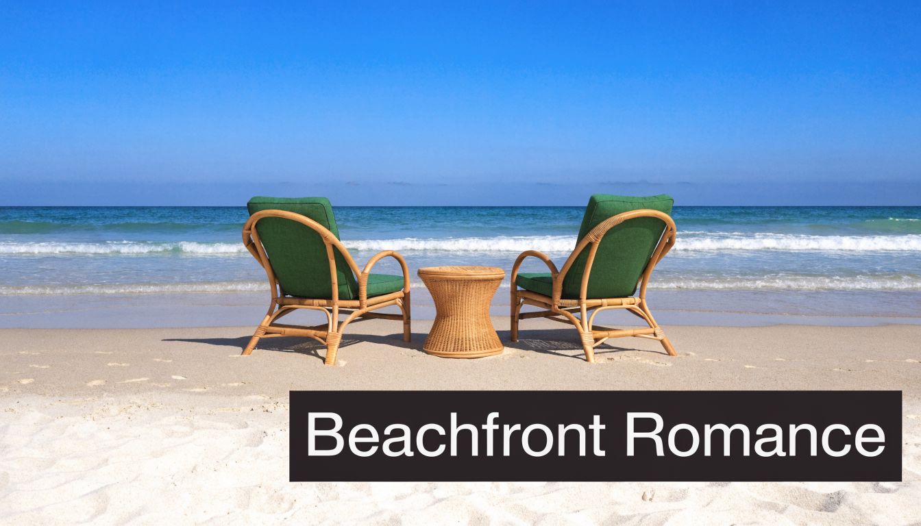 Two wicker chairs with green cushions sit on a white sandy beach facing the ocean.