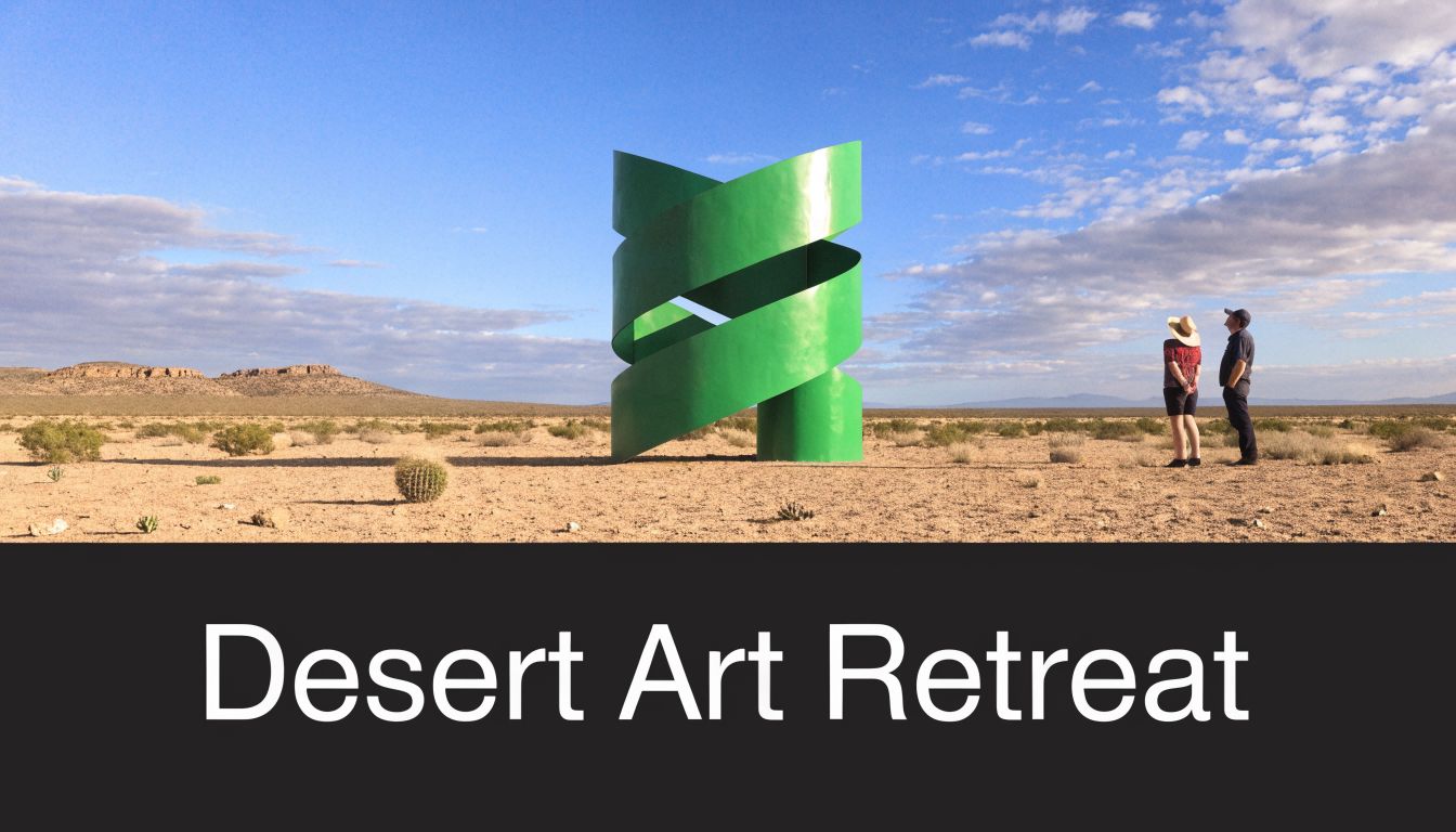 Two people observe a large modern green ribbon sculpture in the middle of a vast desert landscape.