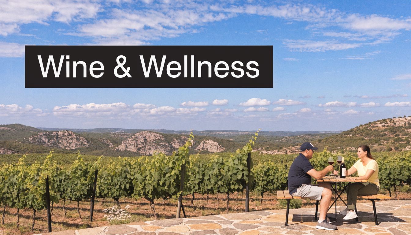 A couple enjoying wine while sitting at a table in a beautiful vineyard during a sunny day.