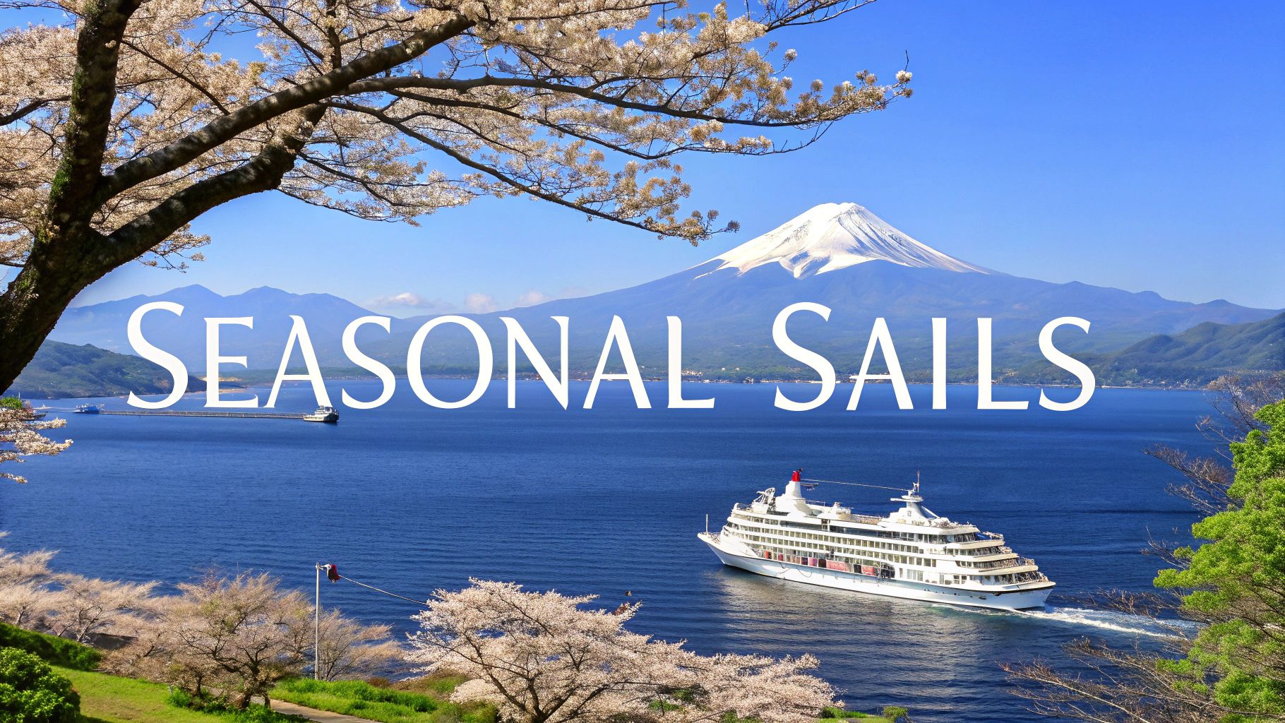 A cruise ship sails on a lake with Mount Fuji and cherry blossoms under a clear blue sky.