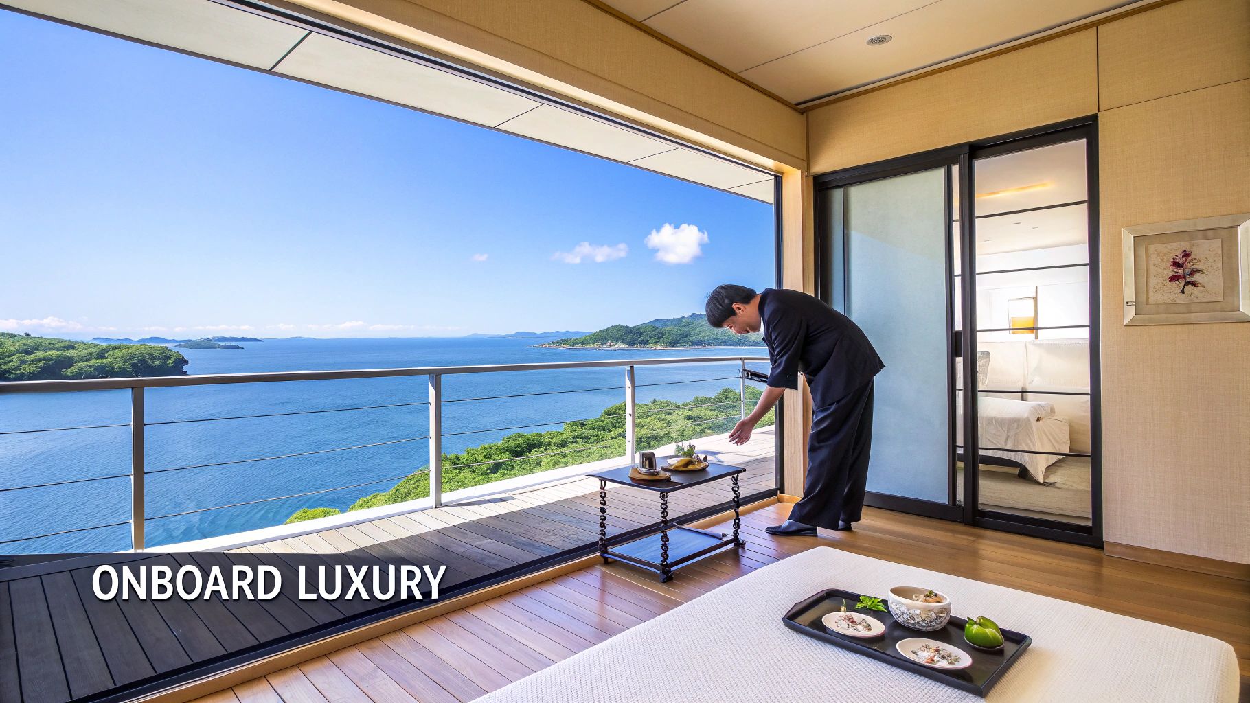 A server setting up a tray on a private balcony with an expansive ocean and island view.