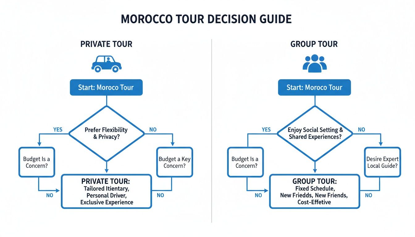 A flowchart decision guide for Morocco tours, comparing private and group tour options based on preferences.