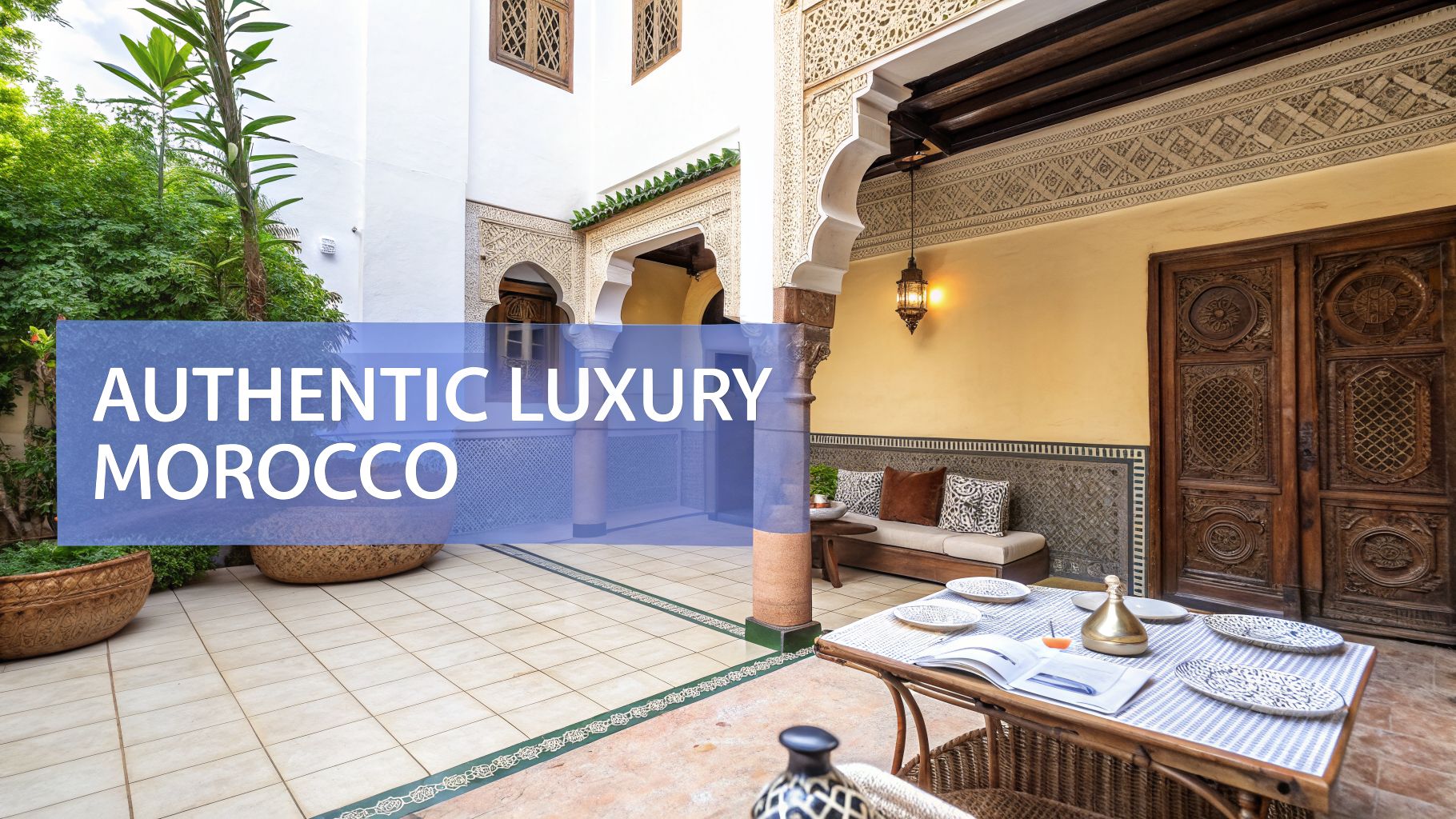 An elegant Moroccan riad courtyard featuring traditional architecture, a dining table, and comfortable seating with plants.