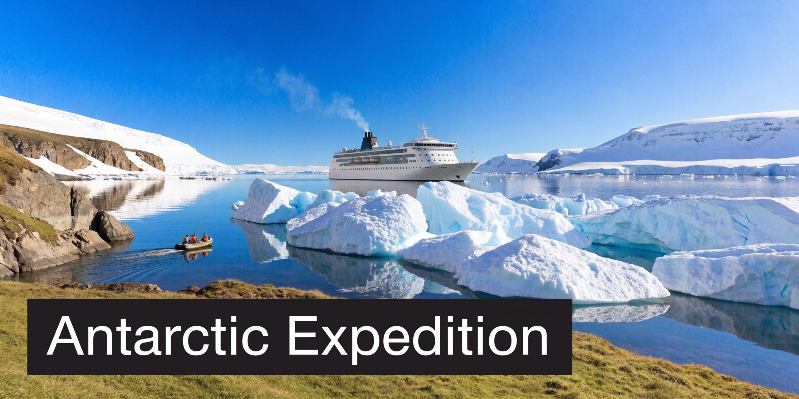 A cruise ship sails near massive icebergs in Antarctica while a small boat of explorers cruises nearby.
