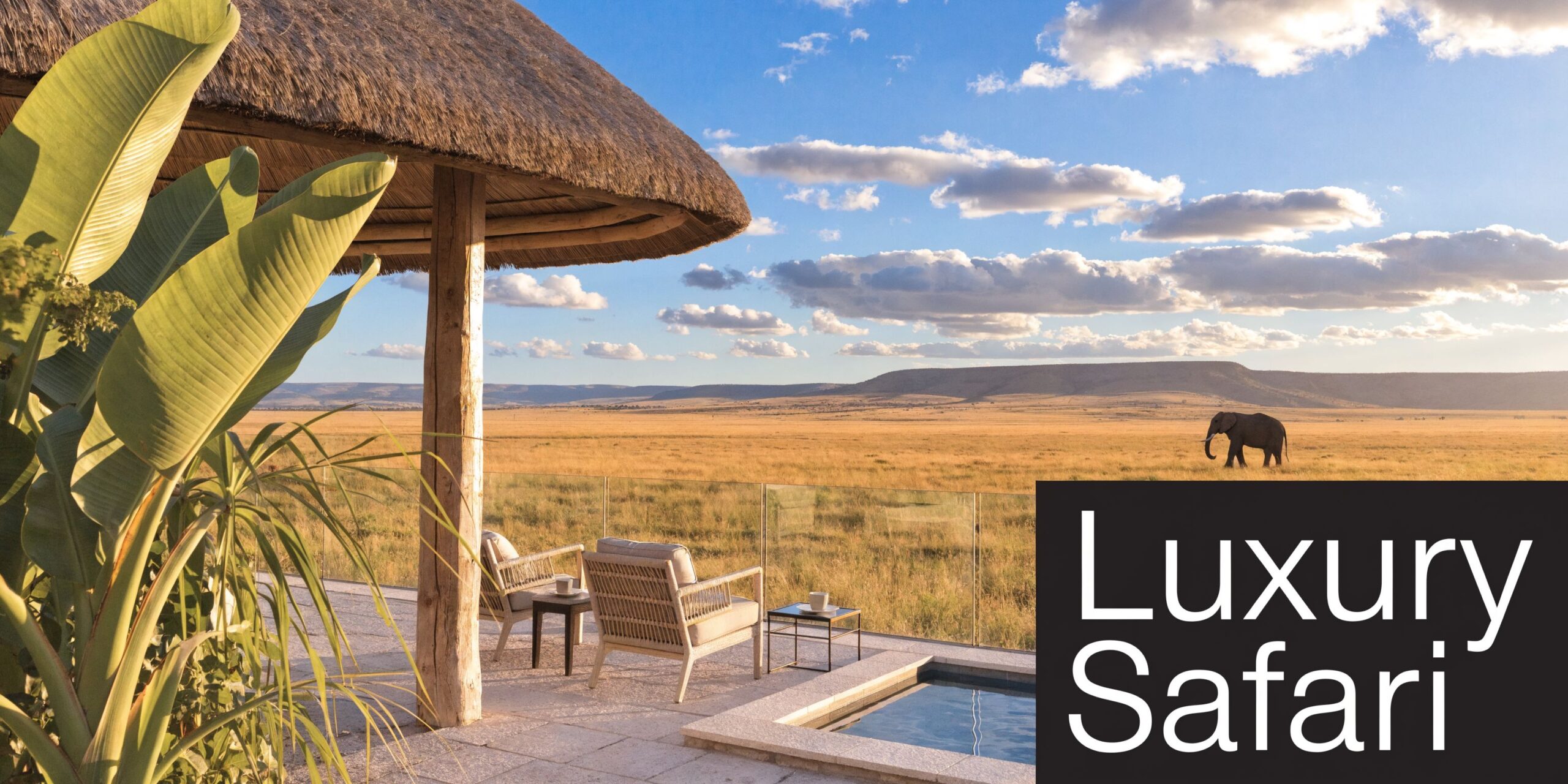 A luxurious safari lodge terrace with a private pool overlooking the vast grassy plains and an elephant.