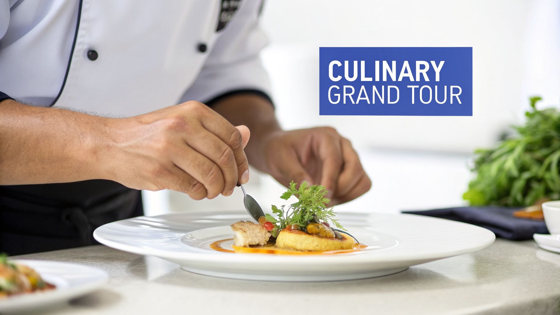A chef in a white uniform plating an exquisite dish with herbs and sauce, advertising a "CULINARY GRAND TOUR".