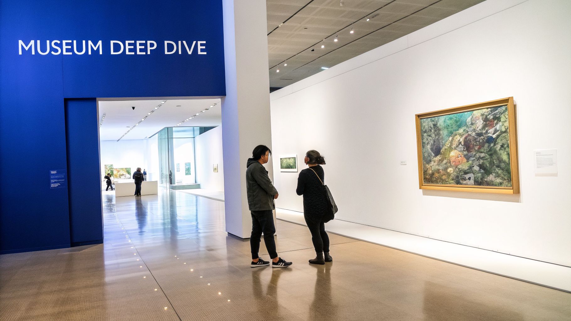 A brightly lit modern museum interior with a blue wall featuring “MUSEUM DEEP DIVE” text.