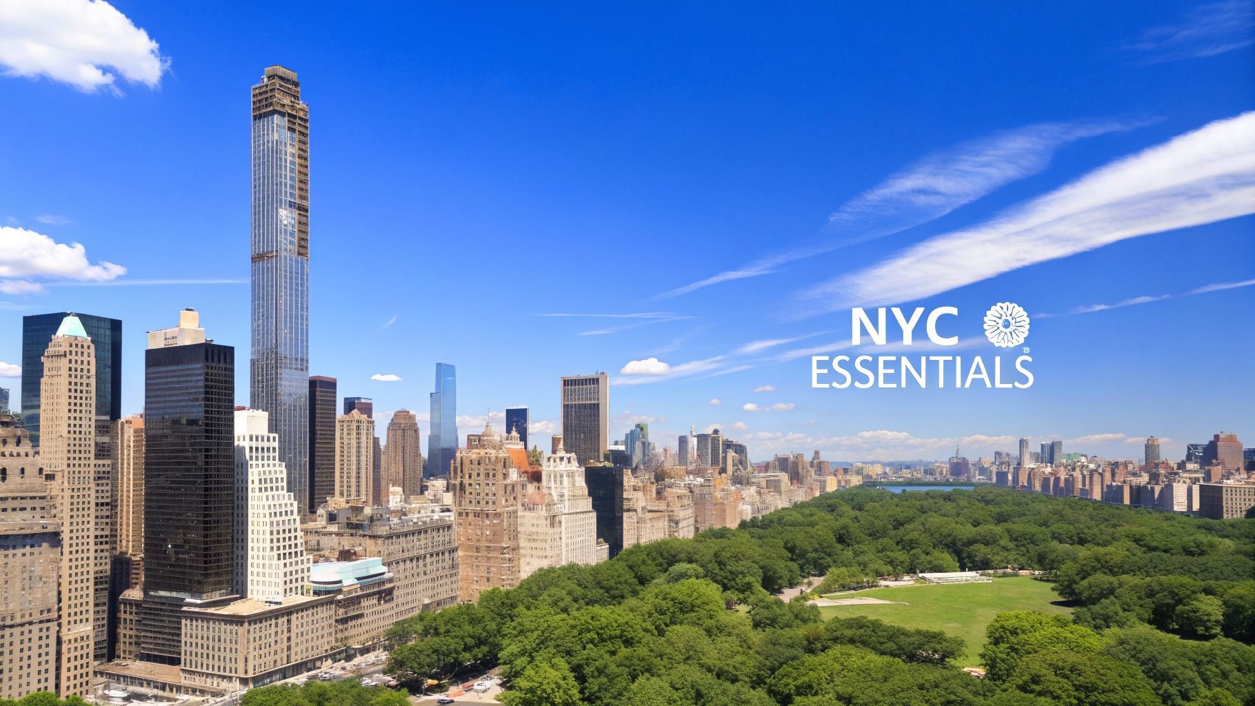 Aerial view of New York City's skyline, featuring skyscrapers, Central Park, and the 'NYC ESSENTIALS' logo against a blue sky.