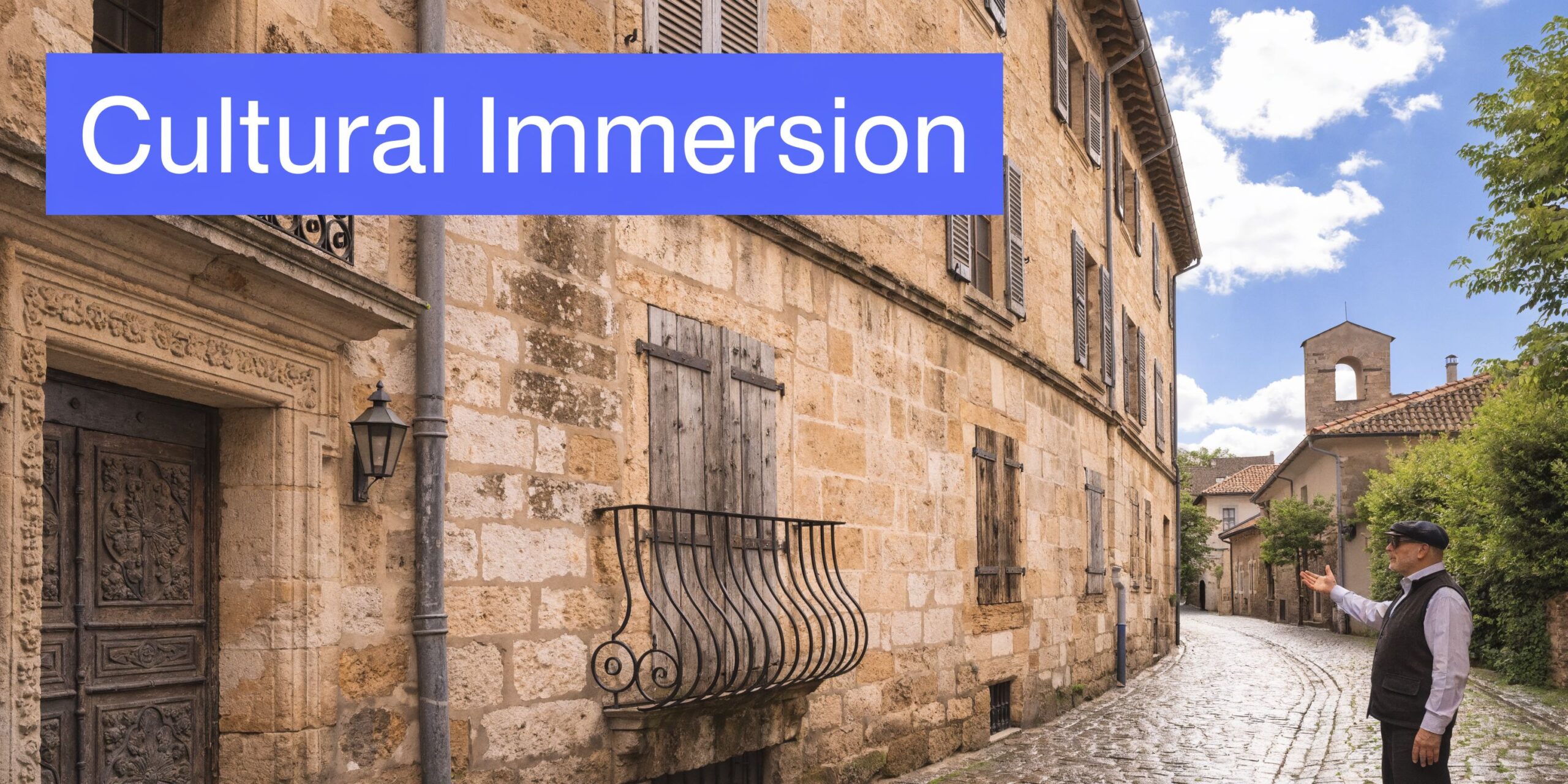An elderly man in a cap gesturing towards a charming cobblestone street in a historic European village.