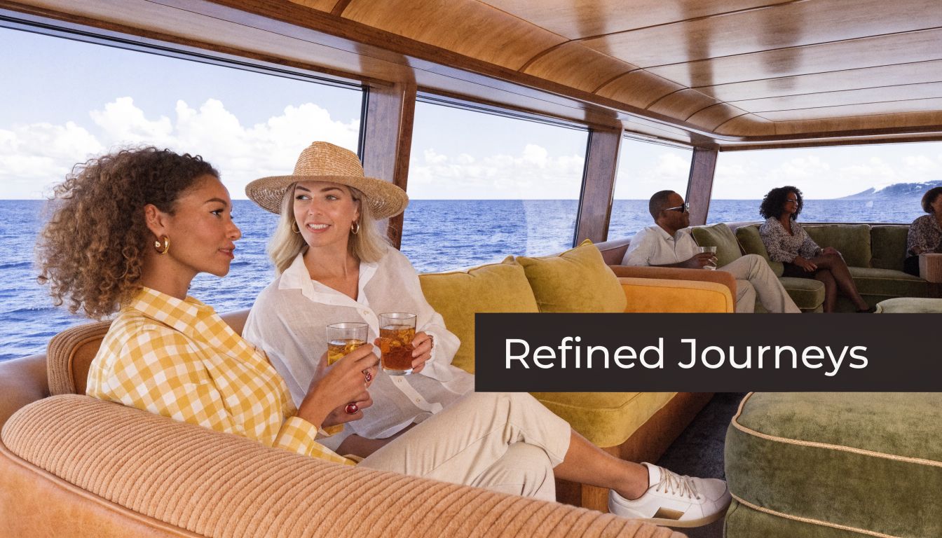 Two women holding glasses on a luxurious boat with panoramic ocean views and other passengers seated nearby.