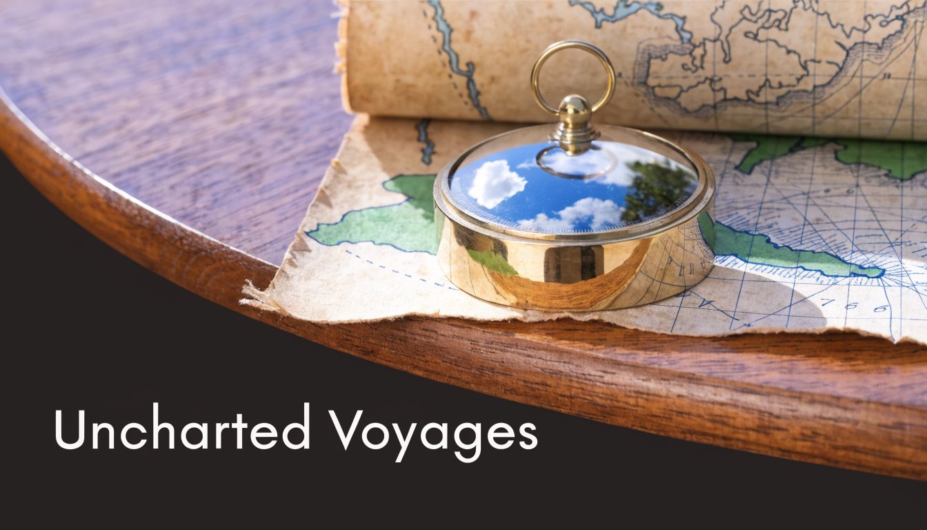 A vintage compass rests on a rustic wooden table over a detailed antique map of the world.