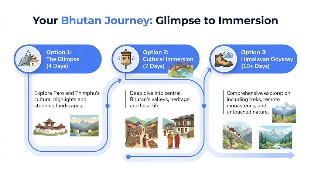 An infographic titled Your Bhutan Journey outlining three travel package options ranging from four to ten days.