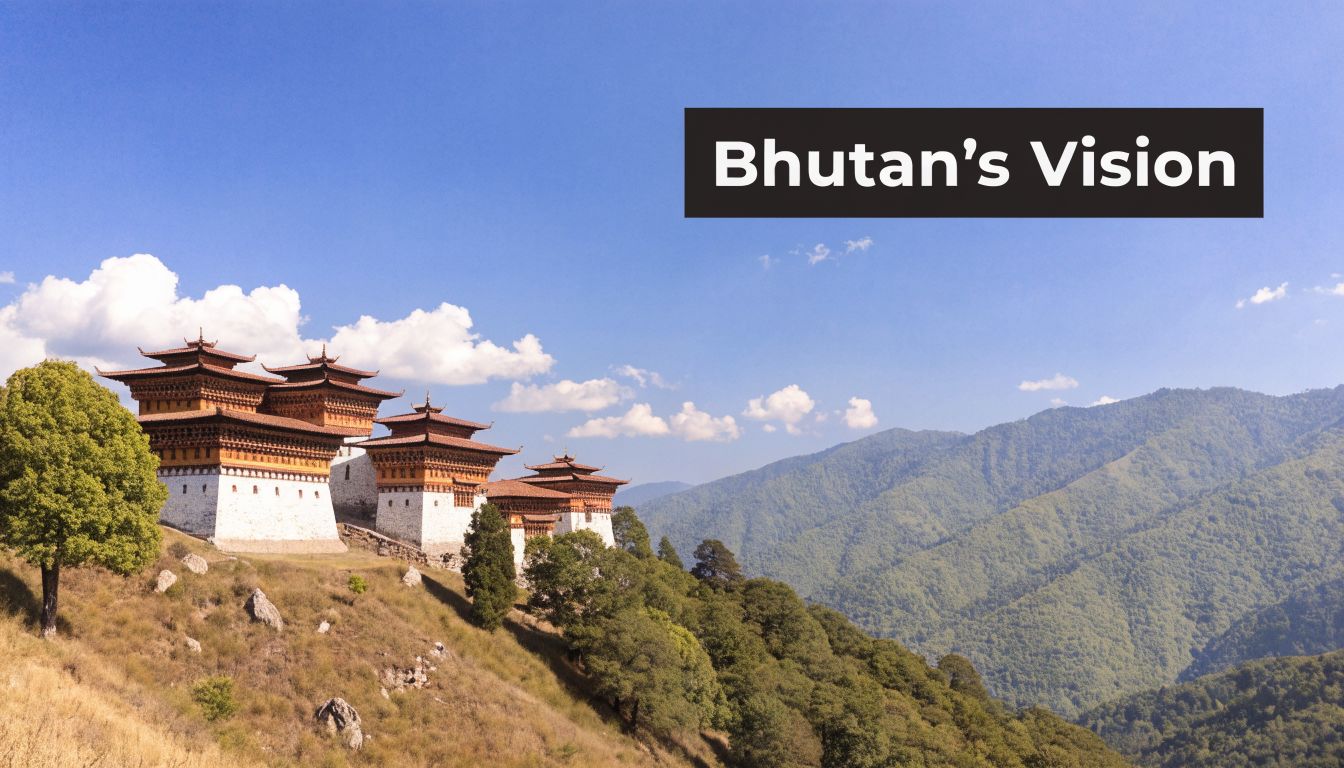 A picturesque view of traditional Bhutanese architecture perched on a hill surrounded by lush mountain landscapes.