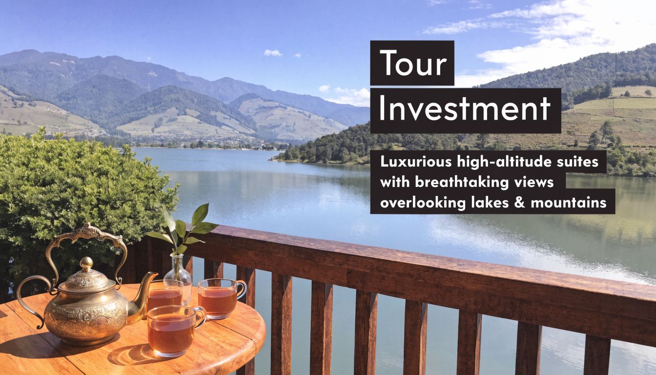 A tea set on a wooden balcony overlooking a beautiful scenic lake and mountain landscape in Bhutan.