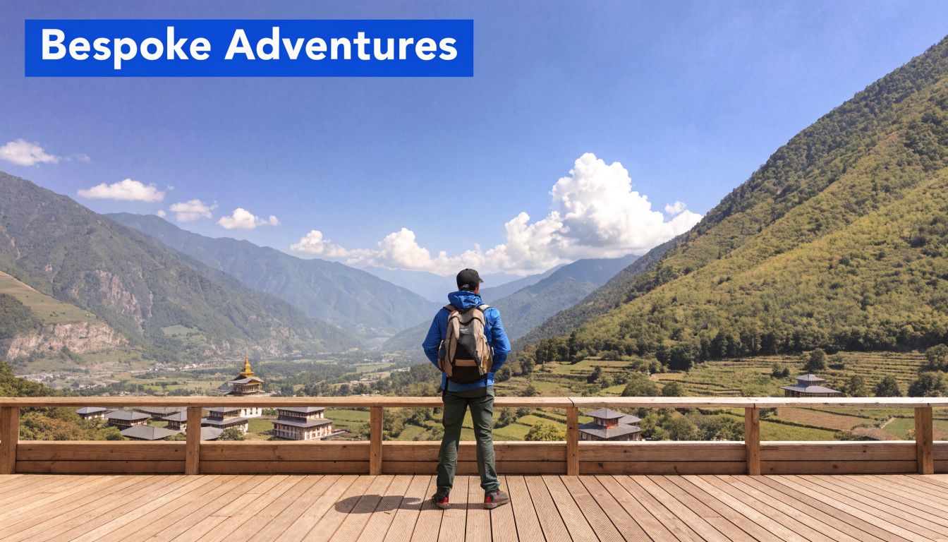 A traveler with a backpack stands on a wooden deck looking at mountains and traditional Bhutanese architecture.