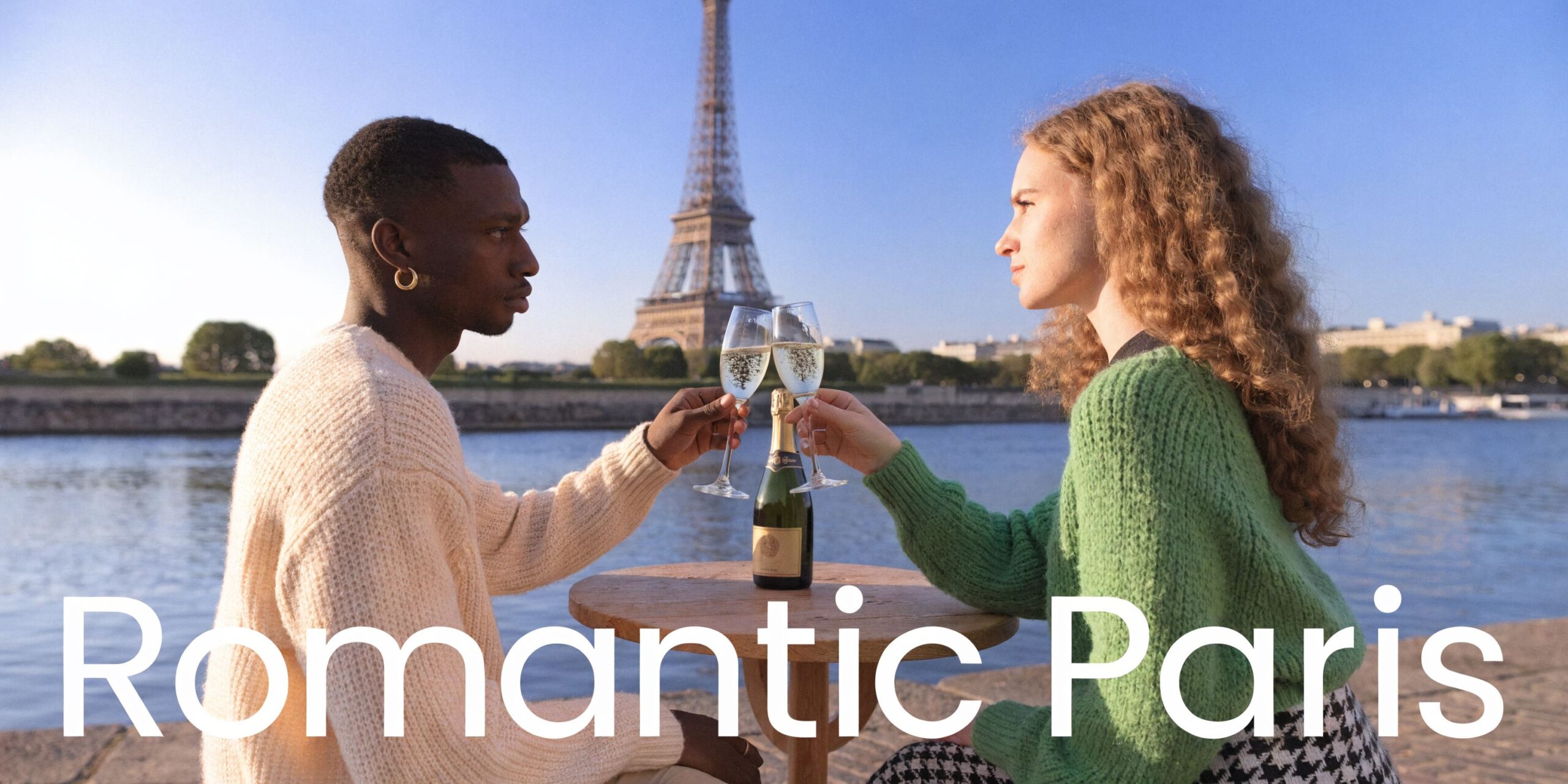 A diverse couple clinking champagne glasses with the Eiffel Tower in the background along the Seine River.