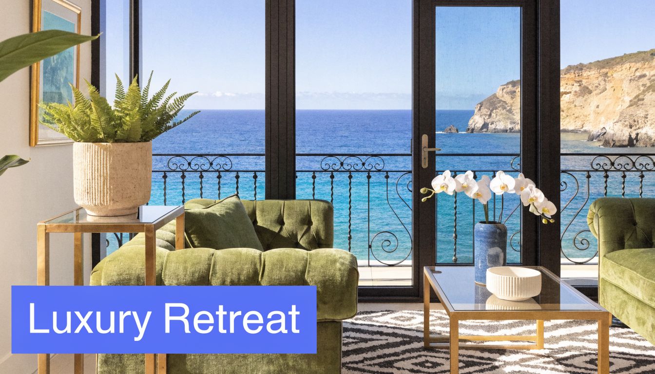 A luxurious living room with green velvet sofas overlooking a beautiful blue ocean and cliffside landscape.