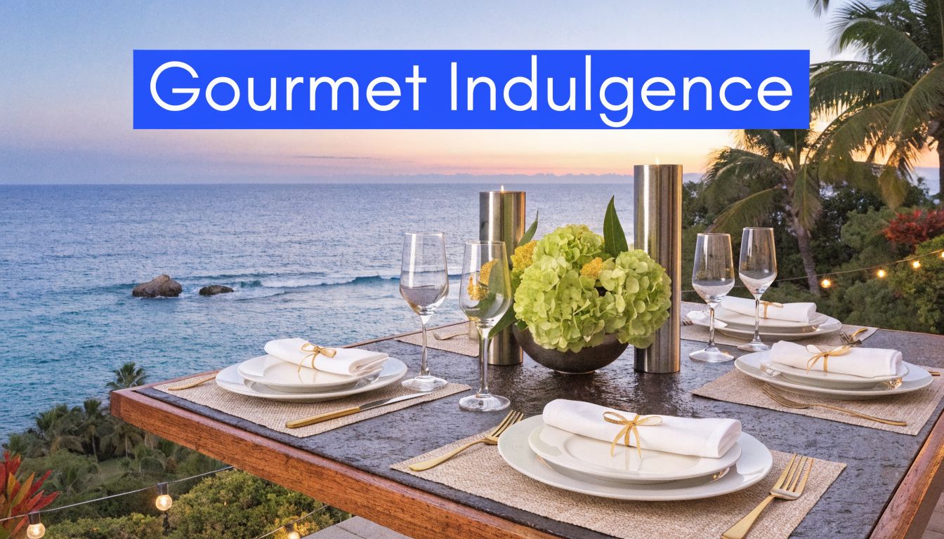 A luxurious dining table set for an evening meal overlooking the ocean at sunset at Ritz Laguna.