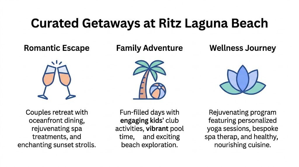 A graphic promoting three curated getaway packages at the Ritz Laguna Beach, including romantic, family, and wellness options.