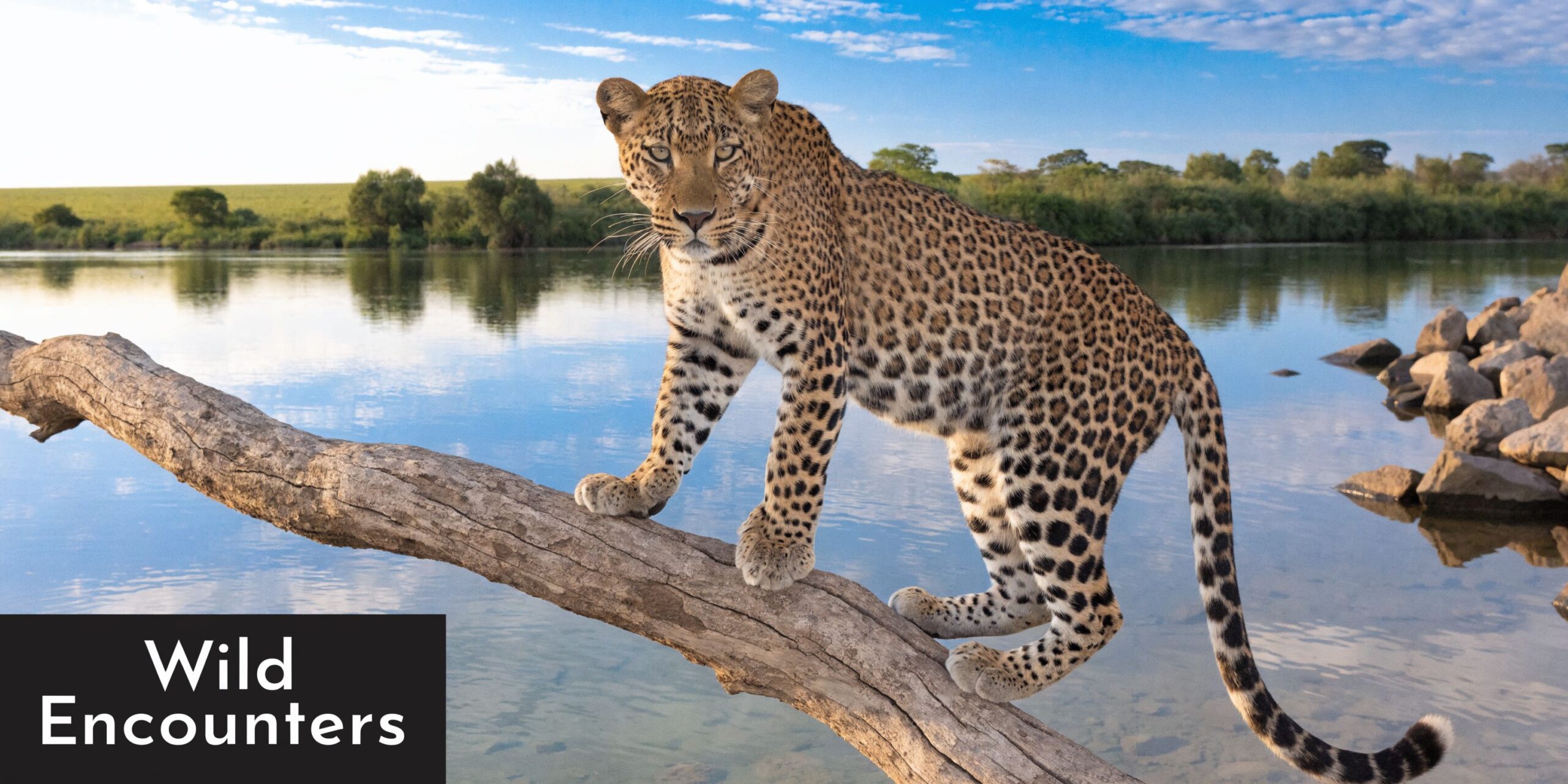 A majestic leopard standing gracefully on a fallen tree branch overlooking a calm river in the wilderness.