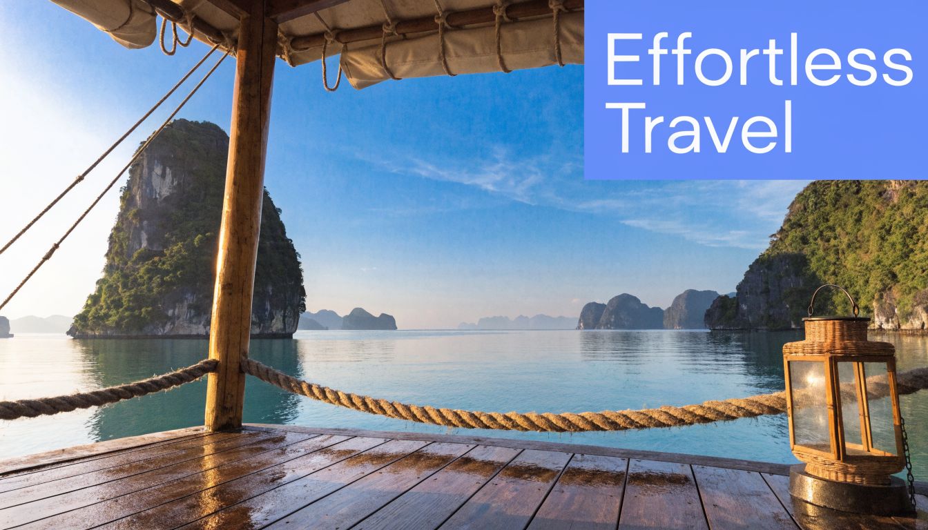 A serene view of limestone karst islands in Southeast Asia from a wooden boat deck.