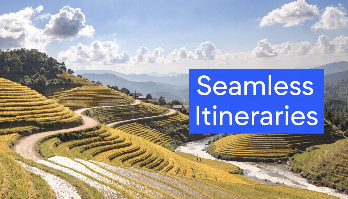 Stunning golden rice terraces in Southeast Asia landscape with a winding path and flowing river.