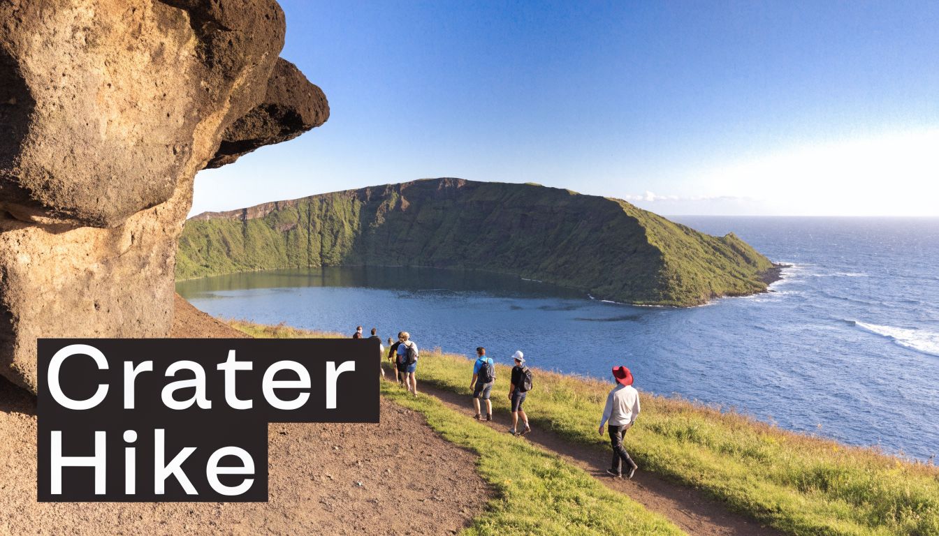 A group of hikers walking along a scenic ridge trail overlooking a volcanic crater lake in Chile.