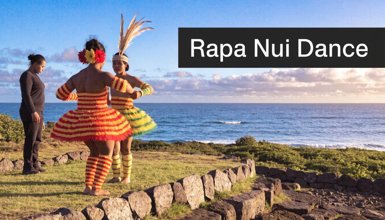 Two performers in traditional Rapa Nui attire dancing on a cliffside with the ocean in the background.