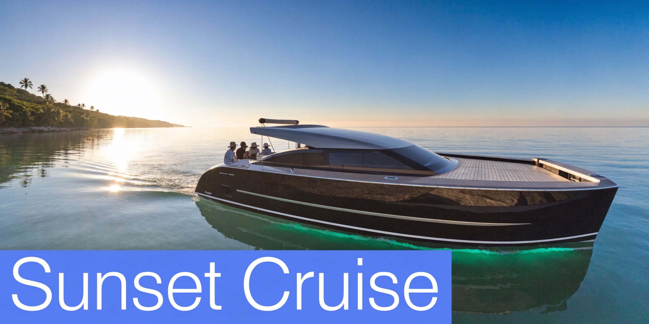 A luxurious dark yacht cruises through calm, turquoise waters near a tropical coastline during a sunset.