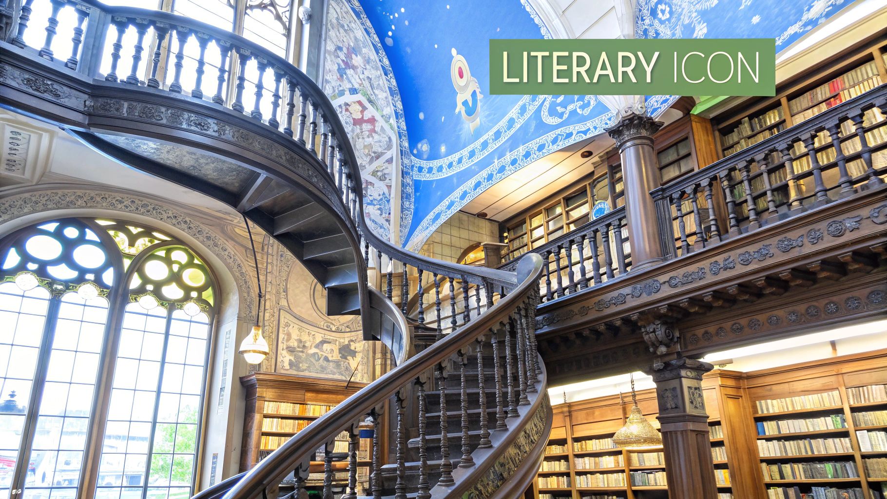 The ornate, curving red staircase inside the historic Livraria Lello bookstore in Porto.