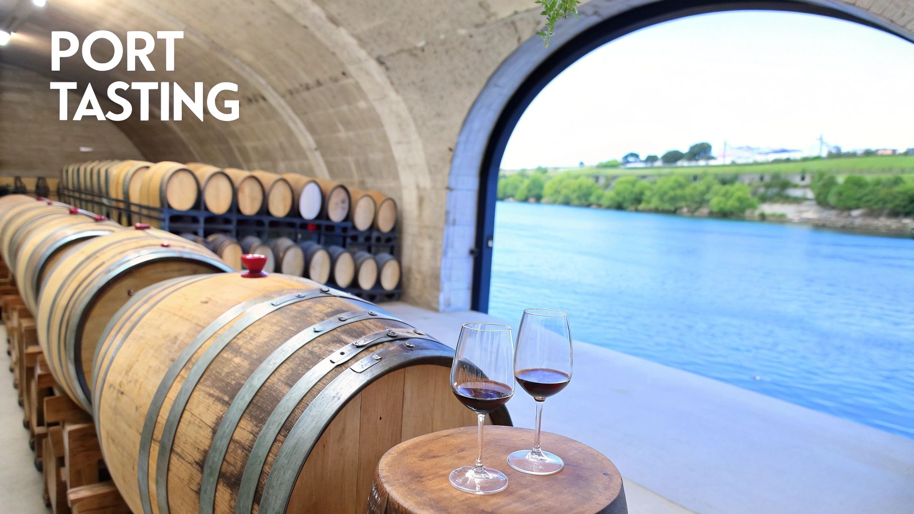 Port tasting in a winery with rows of wooden barrels, two wine glasses, and a scenic river view.