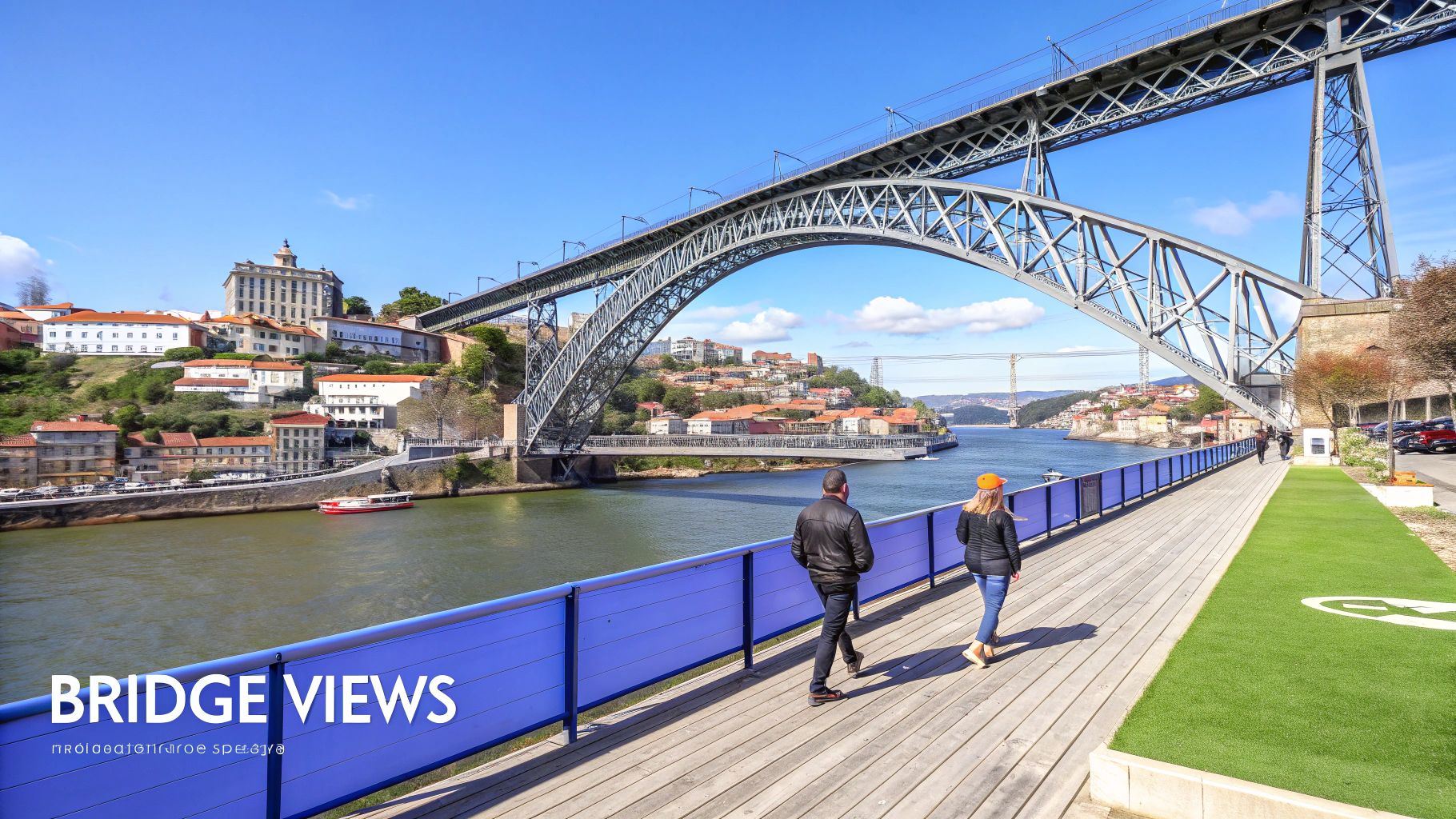 Panoramic view of the iconic Dom Luís I Bridge over the Douro River in Porto, Portugal, with city buildings and two people walking.