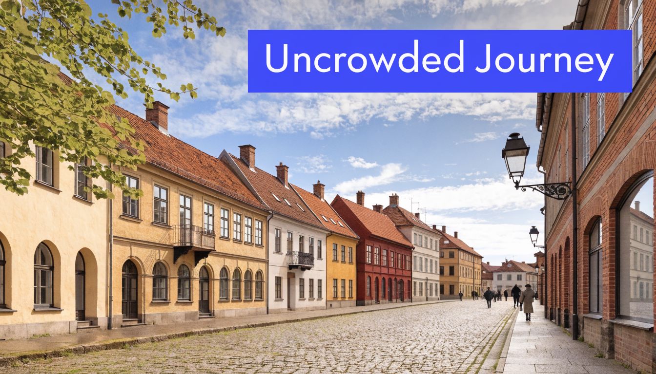 A picturesque European cobblestone street lined with historic, colorful buildings under a bright, partly cloudy sky.