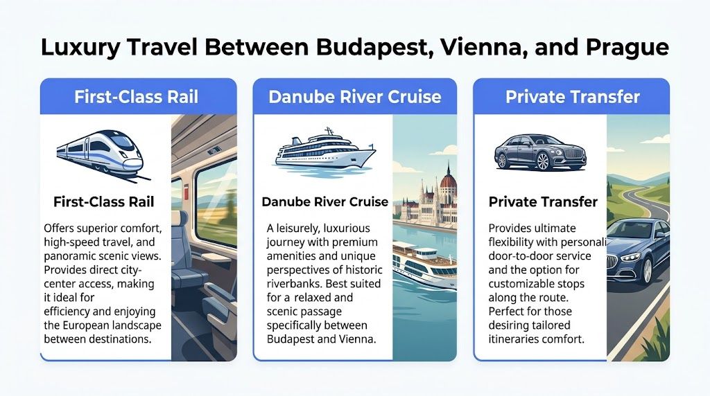 A travel infographic comparing first-class rail, Danube river cruises, and private transfers between Budapest, Vienna, and Prague.