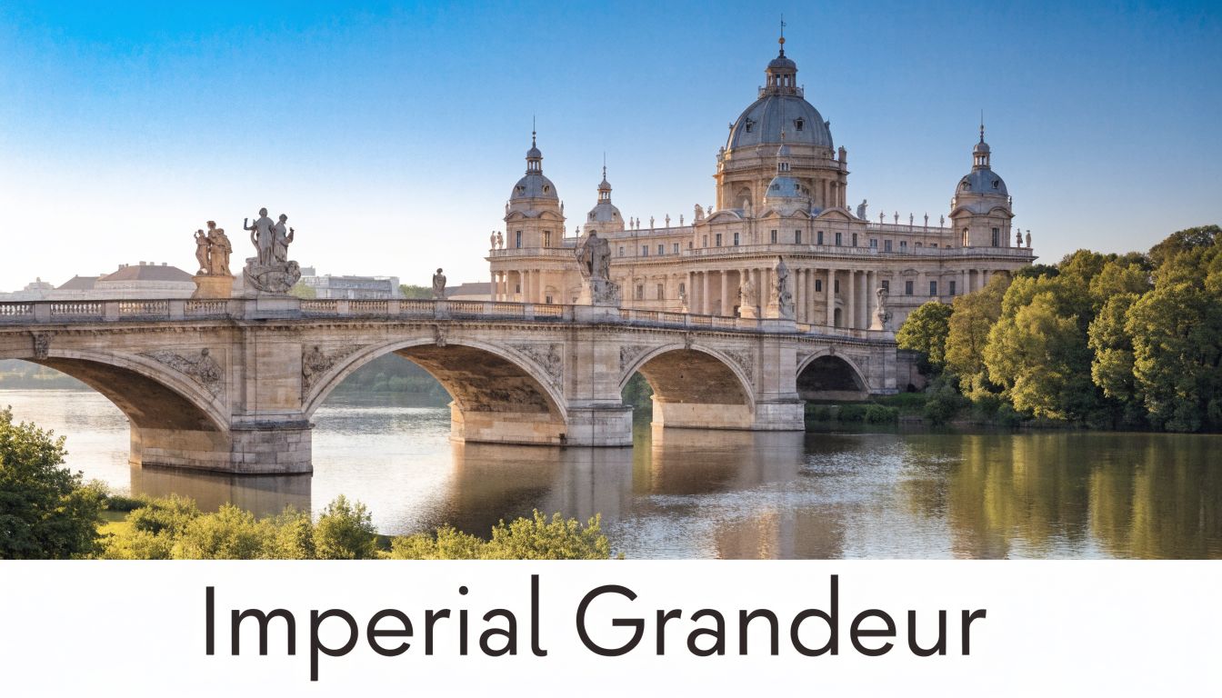 A scenic view of a majestic stone bridge leading to an ornate domed building over calm water.