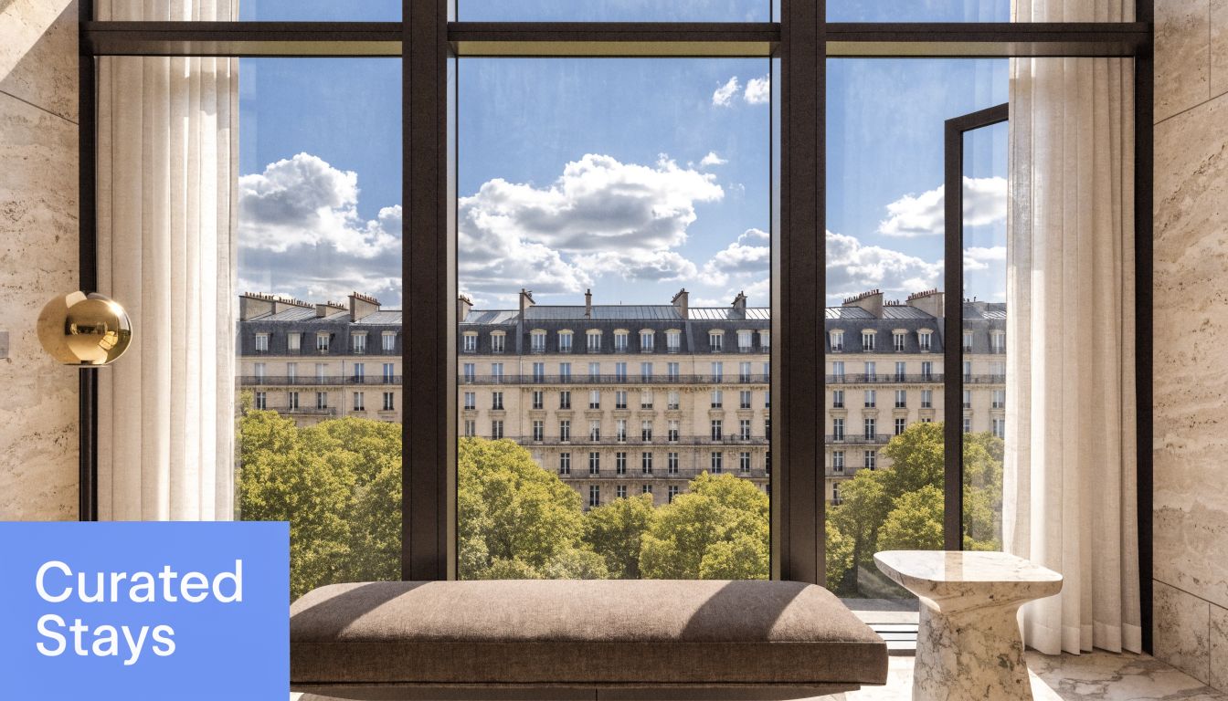 A luxurious room interior with a large window overlooking historical Paris apartment buildings and trees.