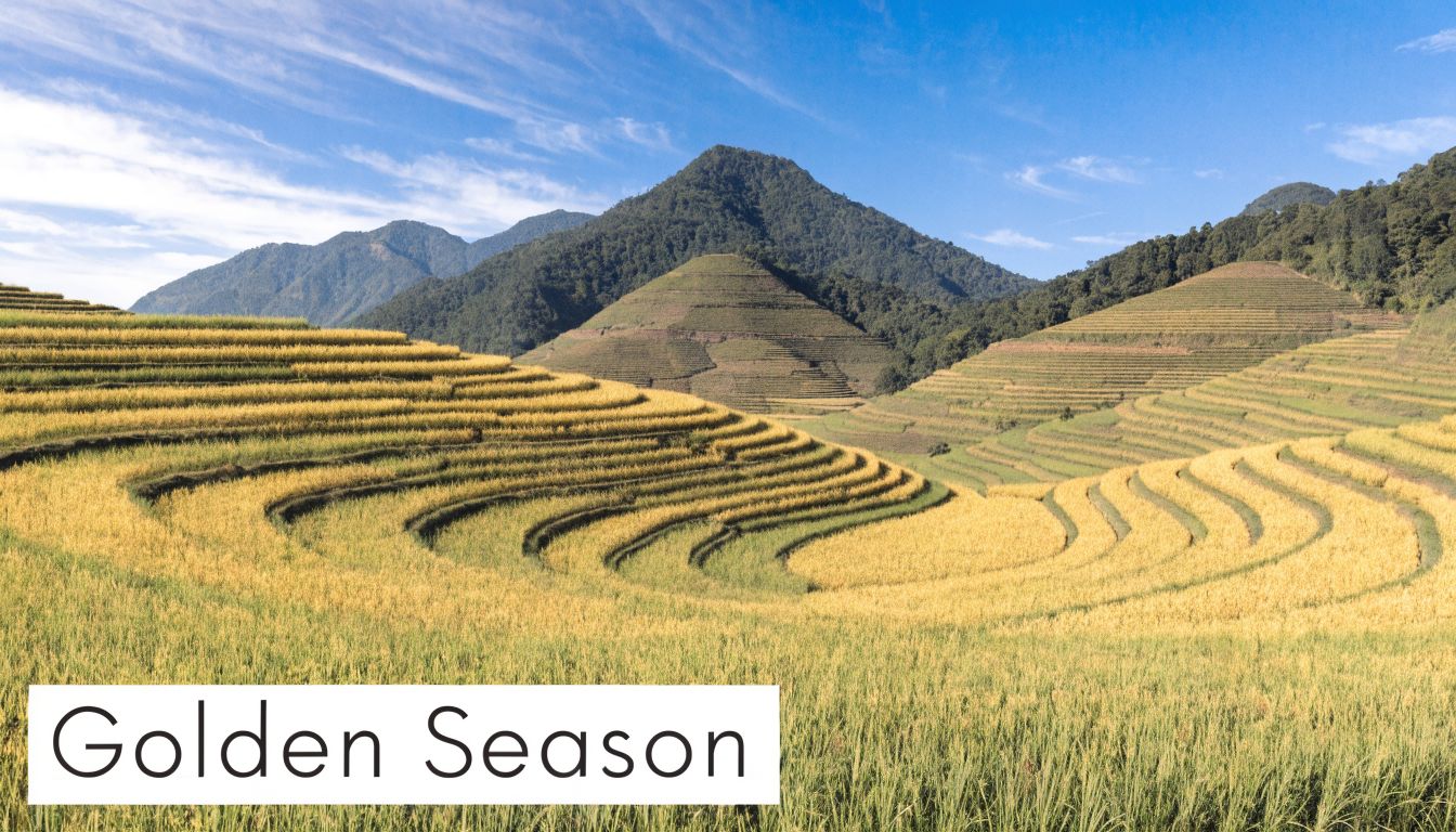 A breathtaking landscape of golden rice terraces in Sapa, Vietnam, surrounded by lush green mountains.