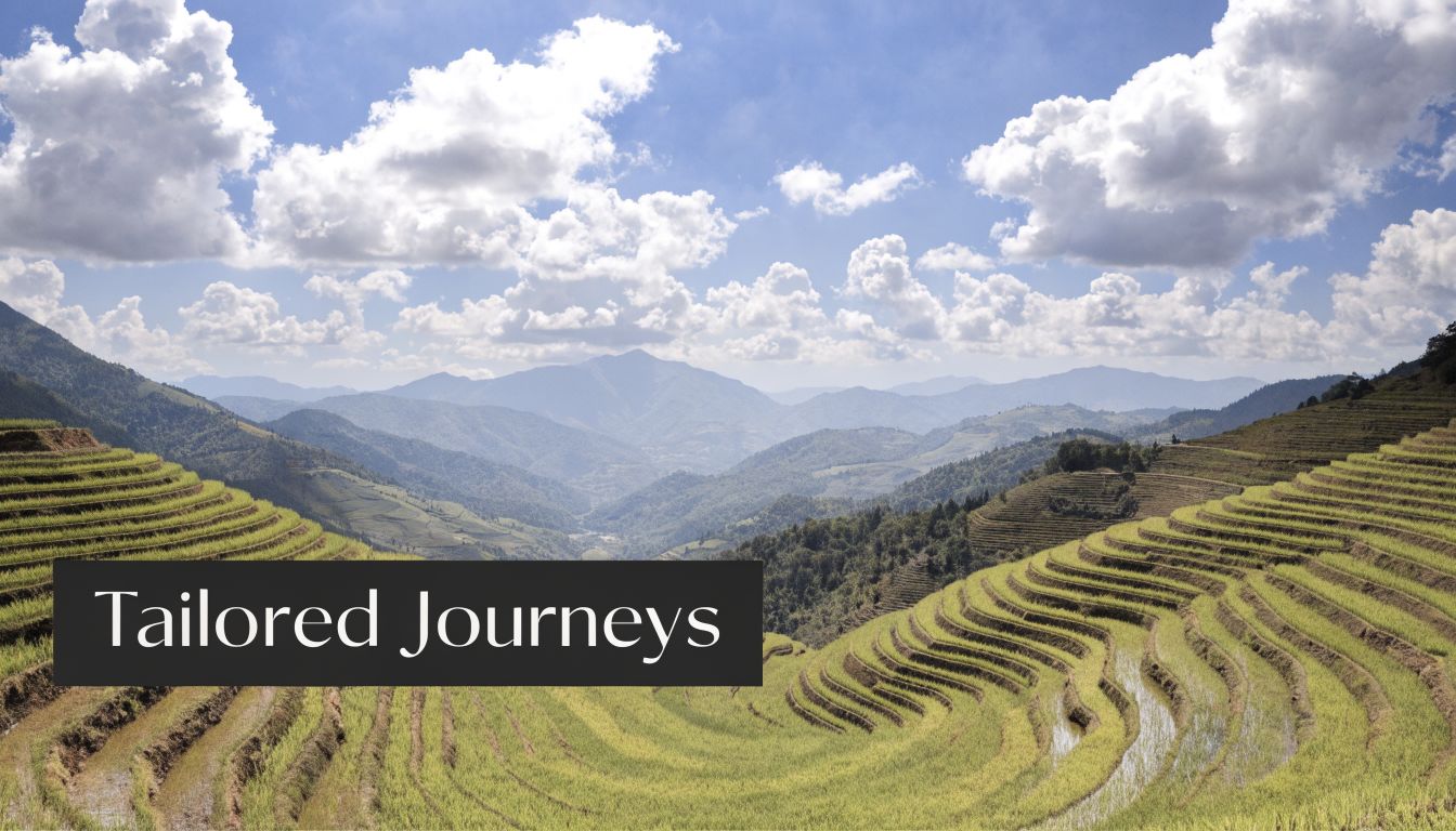 Breathtaking terraced rice fields in Sapa Vietnam under a bright blue sky with fluffy white clouds.