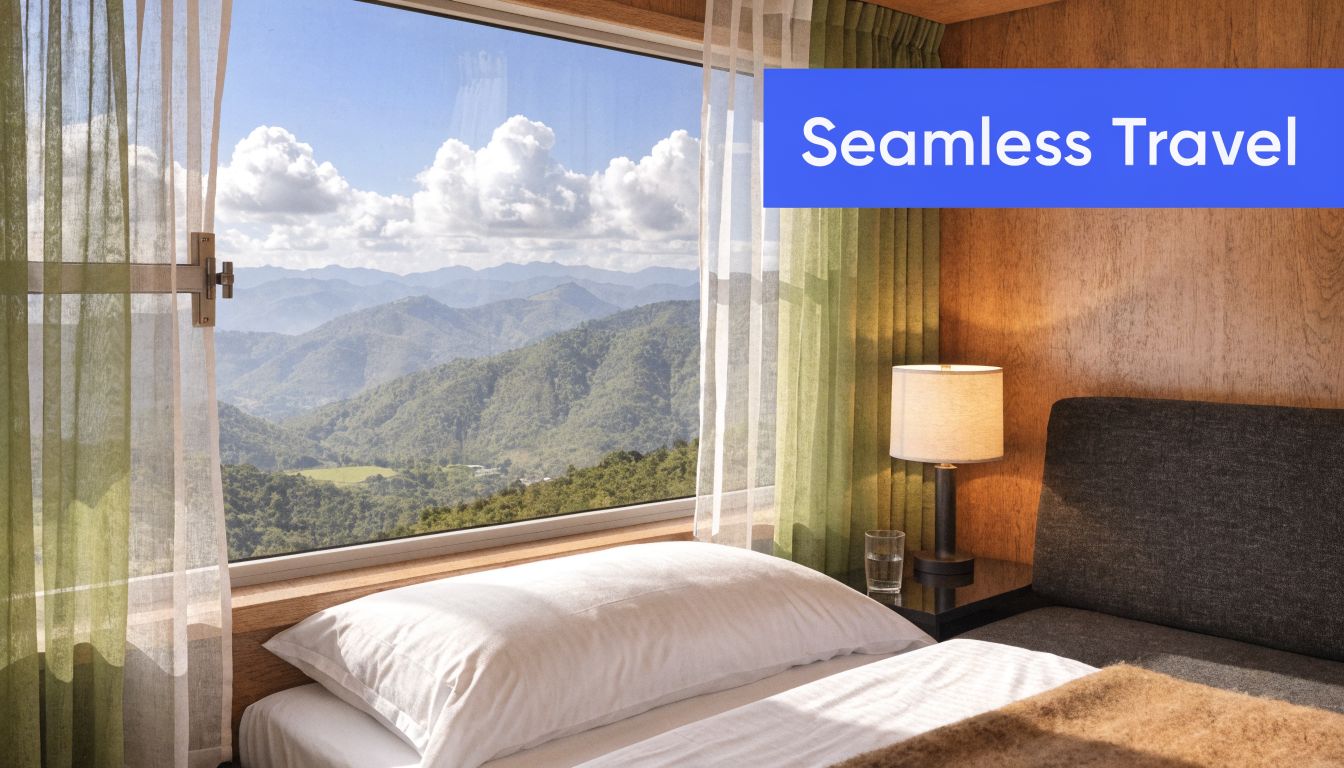 A luxurious train cabin interior featuring a comfortable bed overlooking scenic green mountains through a large window.