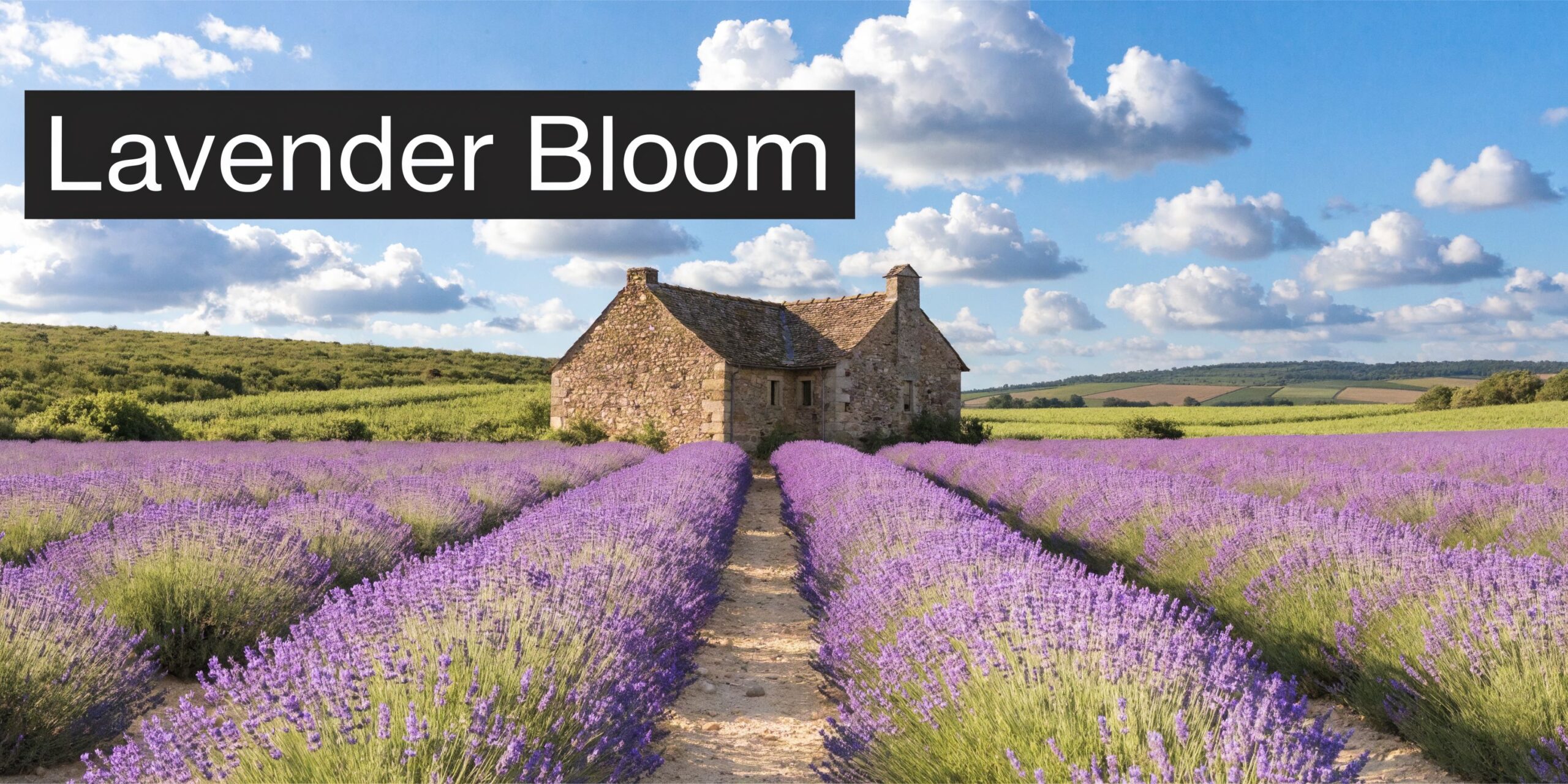 A rustic stone cottage surrounded by vast, vibrant purple lavender fields under a bright blue sky.
