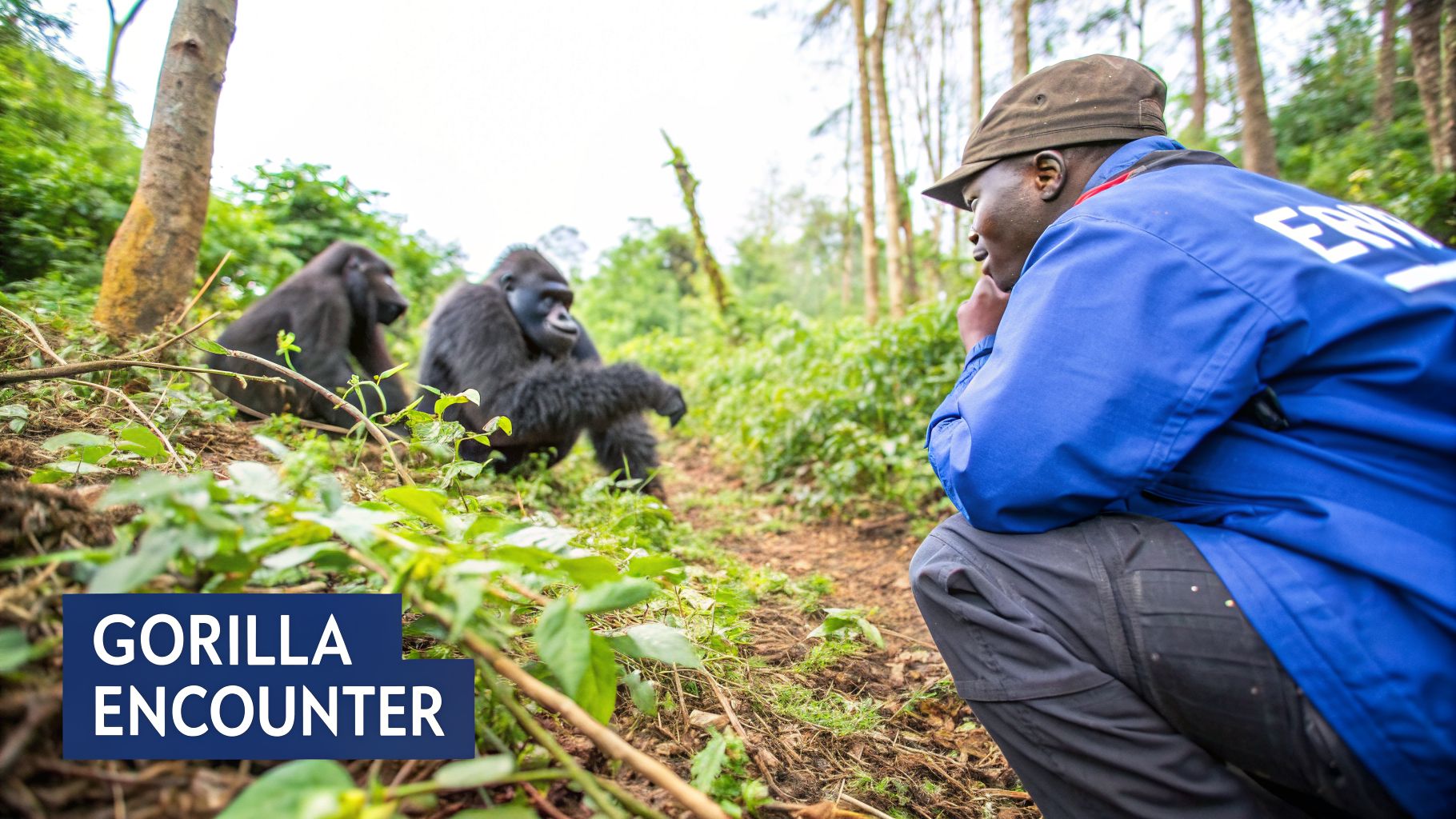 A guide in a blue jacket and hat observes two gorillas during a forest encounter.