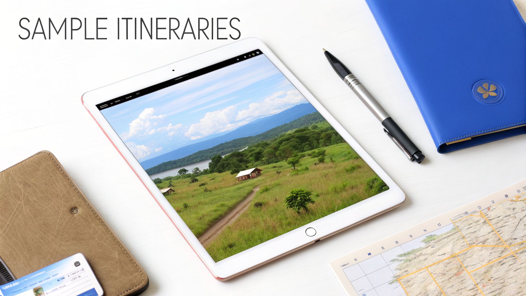 Flat lay of travel planning essentials: tablet showing safari landscape, blue notebook, pen, and map.
