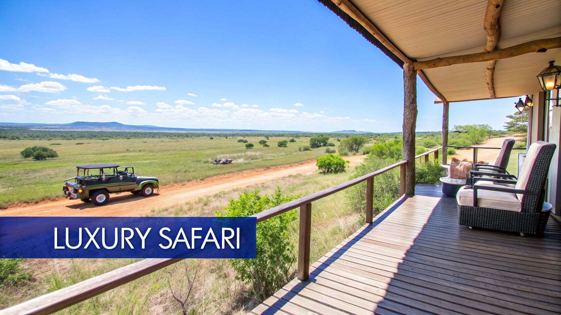 Balcony view of a vast African savanna, a safari jeep, and distant mountains under a blue sky.