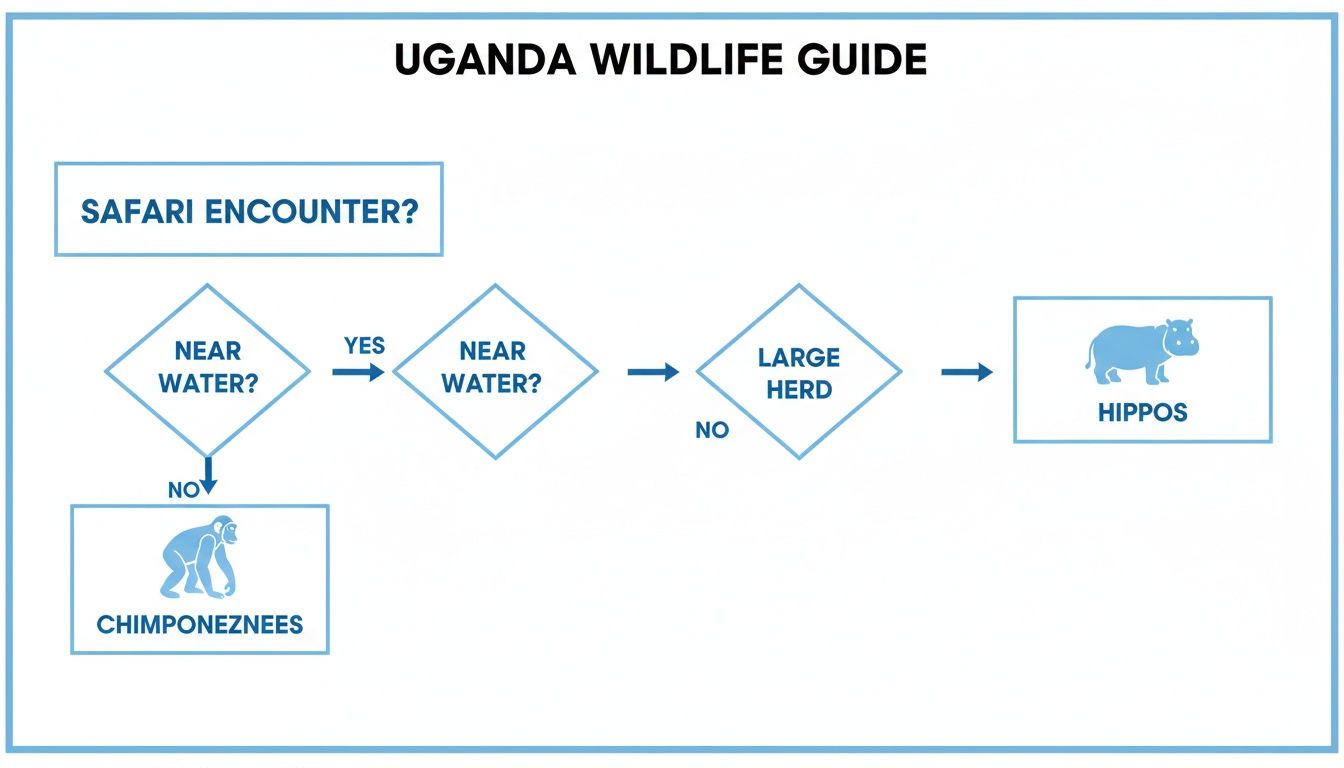 Flowchart guides identifying Uganda wildlife: chimpanzees if not near water, hippos if near water and not a large herd.
