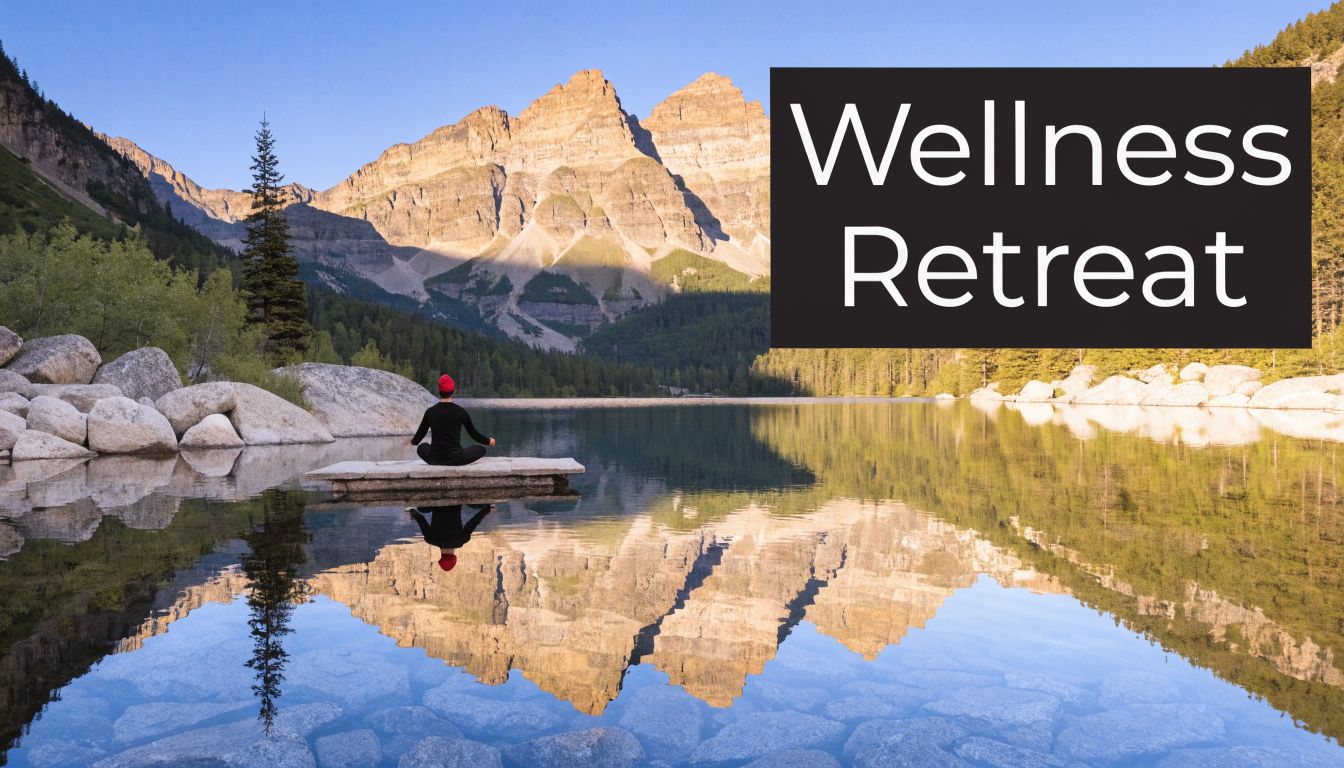 A person in a red hat meditating on a wooden dock by a mountain lake in Colorado.