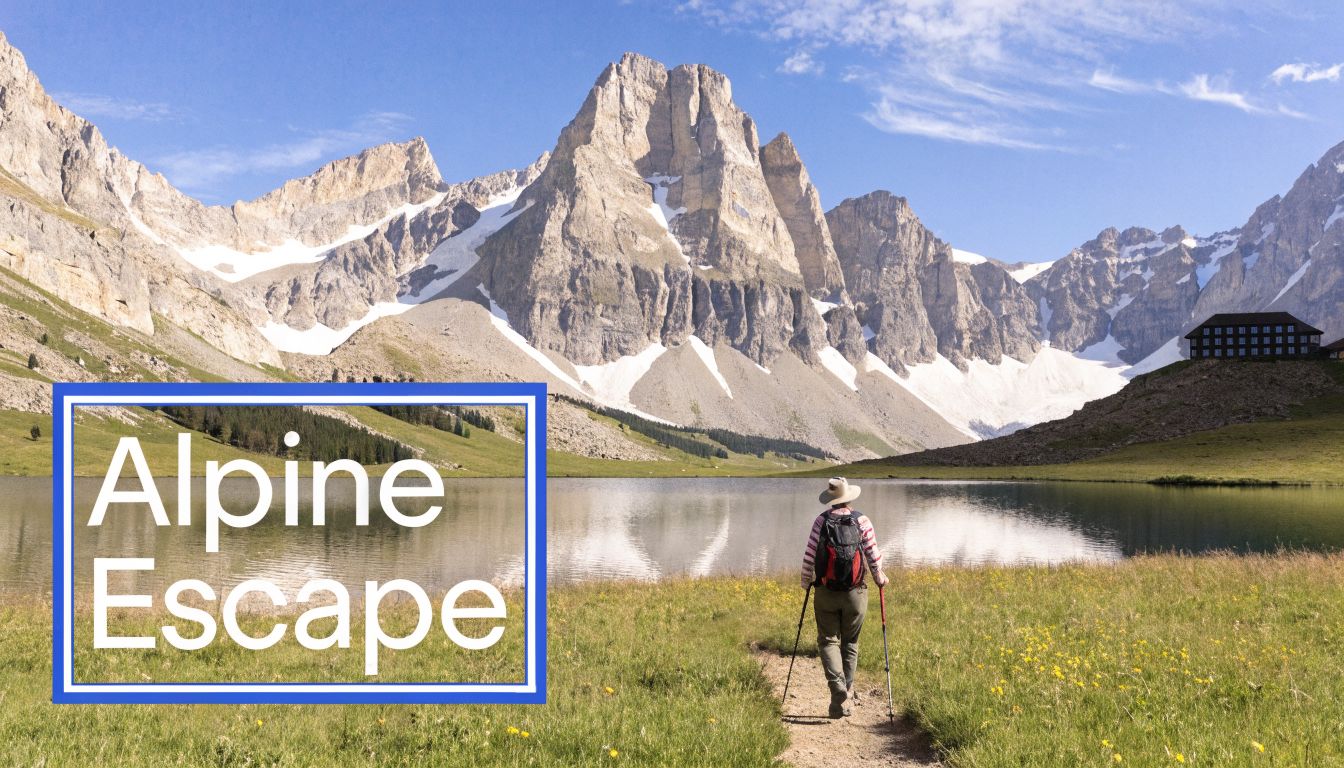 A hiker with a backpack and poles walks along a trail toward a scenic alpine lake.