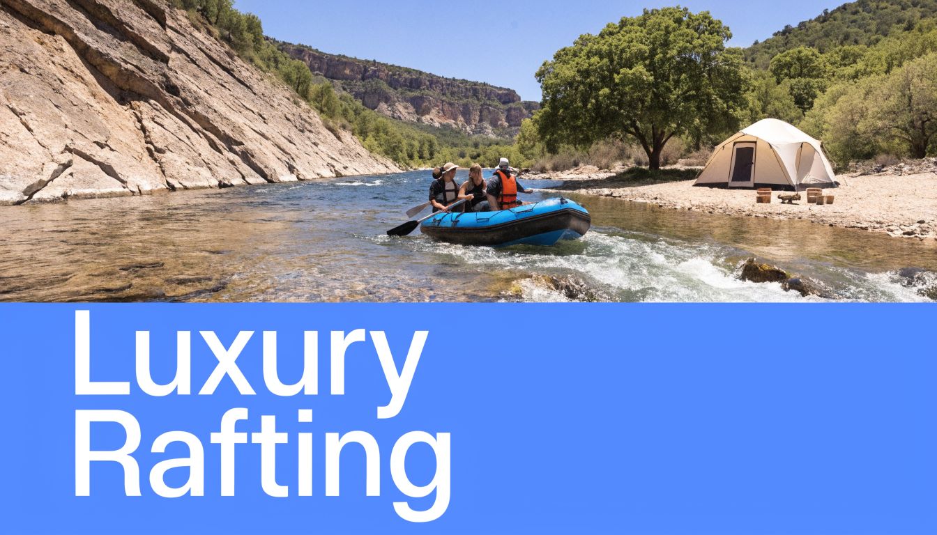 Three people paddling a raft on a river next to a large camping tent near cliffs.