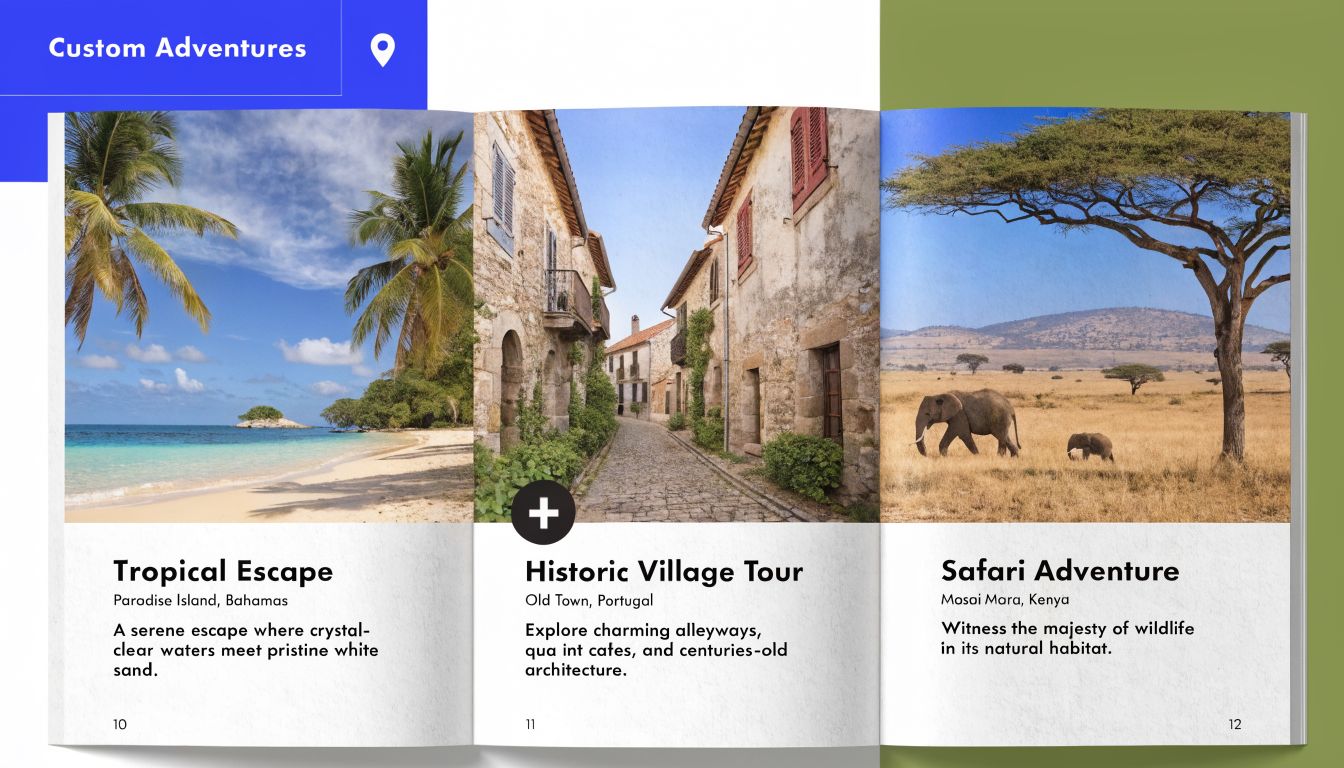 A travel brochure page featuring three adventure destinations: a beach, a historic village, and a safari trip.