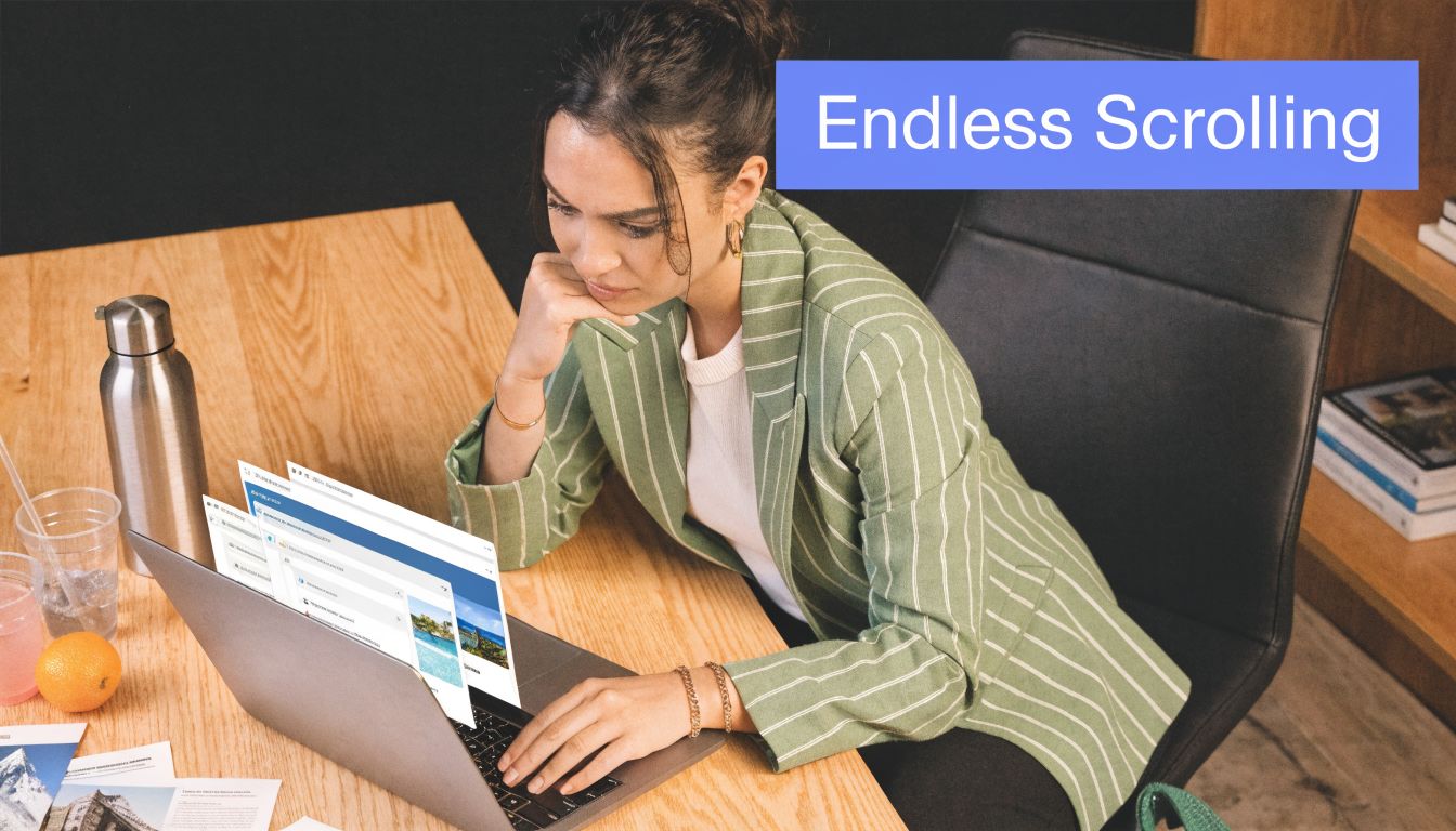A professional woman in a striped blazer uses a laptop while researching travel destinations online.